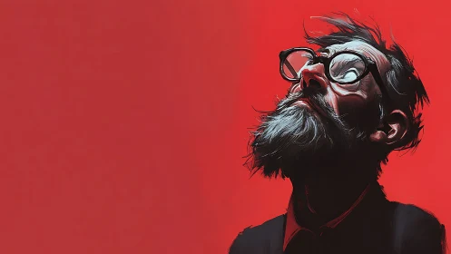 Bearded man in profile against uniform red background.