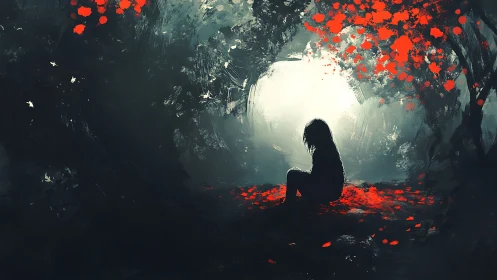 Shadow child rests where scarlet leaves rewrite the dark