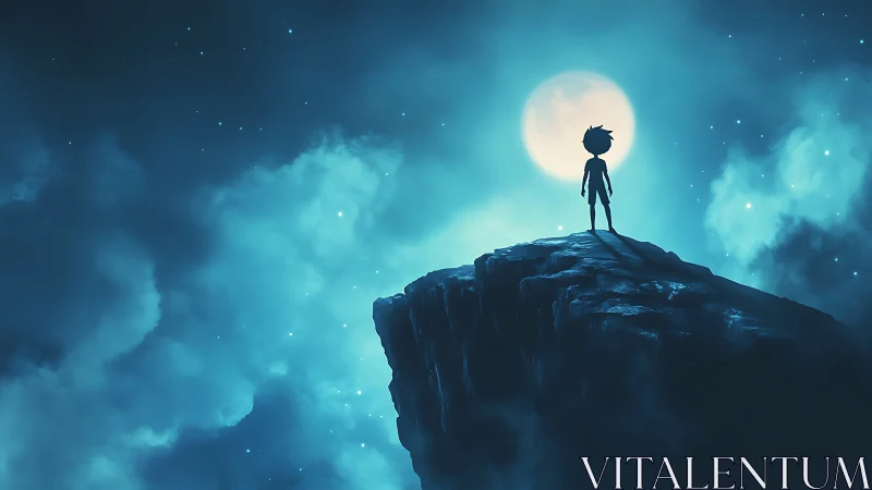 Silhouette child stands on rocky cliff under full moon