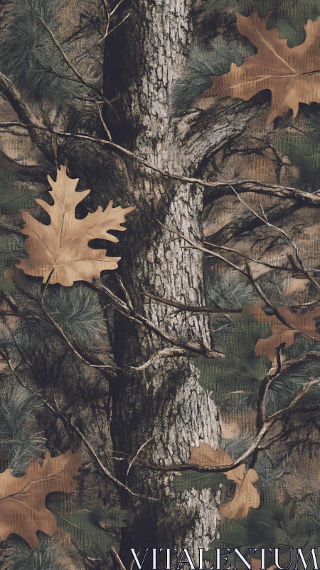 Birch Tree with Autumn Oak Leaves.