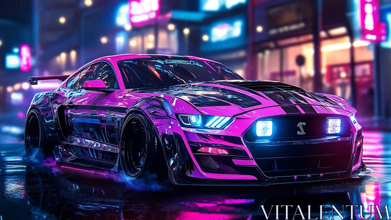 Neon muscle car slices wet cyberpunk city street.