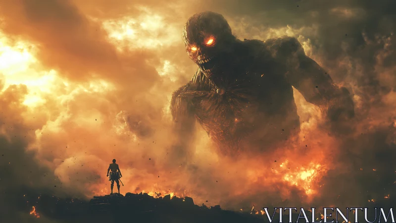 Volcanic colossus confronting armored warrior in infernal haze.