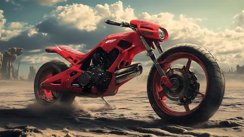 Red futuristic desert motorcycle with cinematic side lighting.