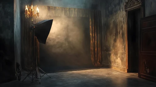 Photography light and backdrop in decayed interior room