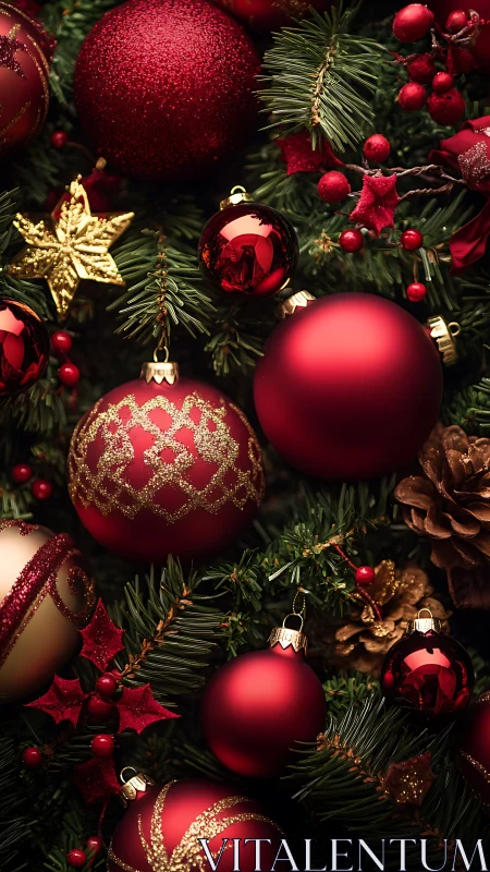 Red Christmas ornaments on evergreen branches arrangement.