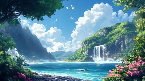 Lush tropical cove with cascading twin waterfalls at noon.