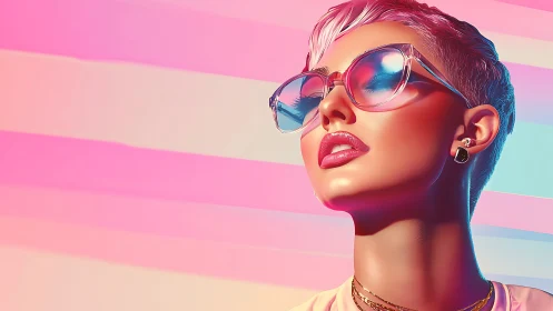 Digital portrait shows stylized woman in sunglasses against gradients