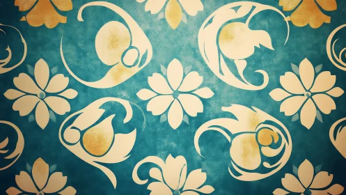Floral stencil motifs drift across textured teal canvas.