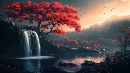 Enchanted red forest waterfall glowing in soft evening light.