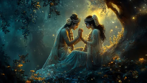 Mystical goddesses kneel in moonlit enchanted forest glade.
