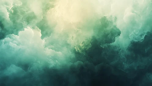 Dreamy Abstract Cloudscape in Green and Yellow Tones, Digital Art.