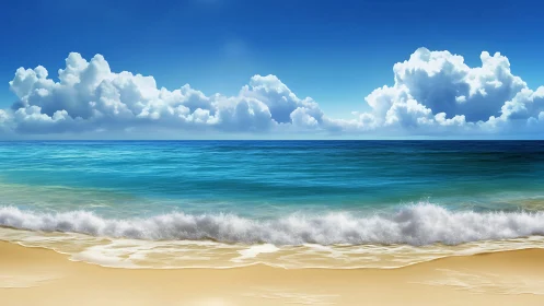 Sunlit turquoise waves roll onto a tranquil sandy shore