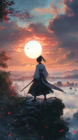 Samurai silhouette on cliff against vivid sunset sky.