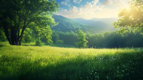 Sunlit alpine meadow captures atmospheric depth in dawn light