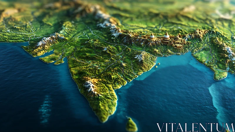 3D relief map of a stylized Indian subcontinent with citadel detailing.