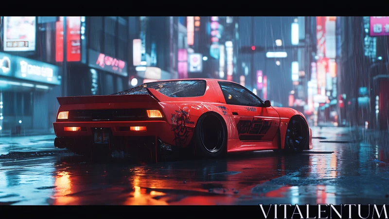 Red tuned sports car in neon lit rainy city street scene.