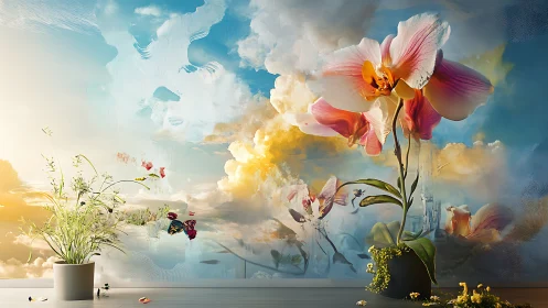 Large orchid flowers rise against surreal cloudy sky backdrop
