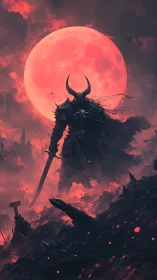 Horned armored figure stands before large red lunar disc