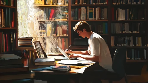 Sunlit academic workspace with concentrated digital drafting.