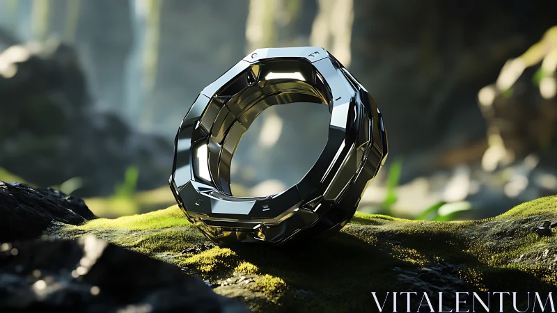 Chrome ring daydreams quietly on a moss-bright forest altar