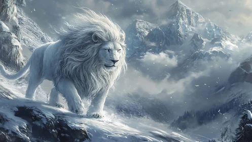 Snowborn lion strides through cloud-torn mountain silence