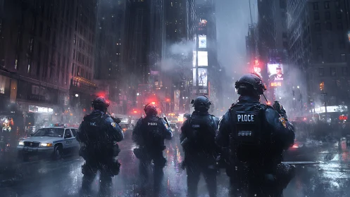Armored police line advances through neon‑lit rainstorm at night