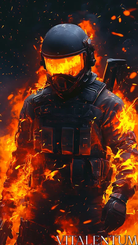 Armored soldier stands engulfed in intense surrounding flames