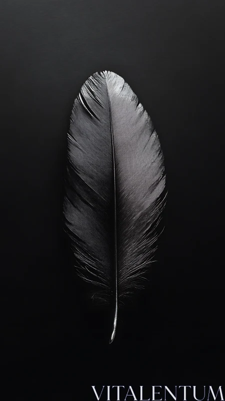 Single dark feather is centered on uniform black background