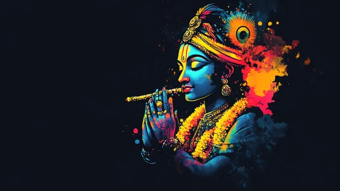 Colorful digital portrait of flute-playing deity figure.