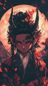 Horned red-eyed figure before full moon in stylized portrait.