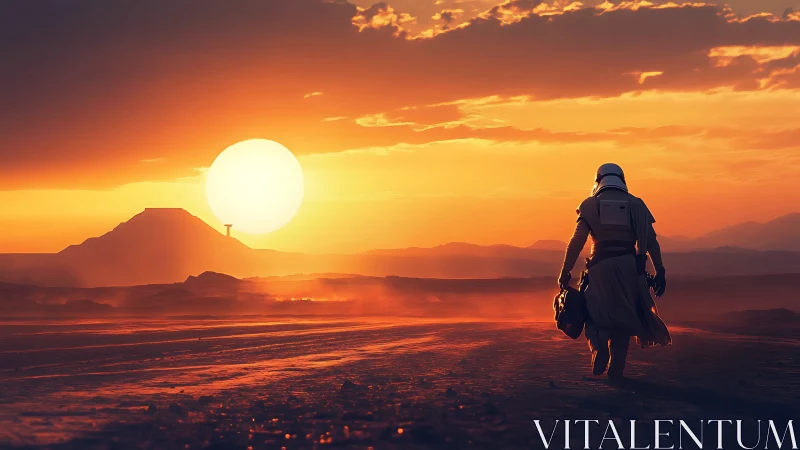 Armored wanderer crosses molten desert under colossal sun