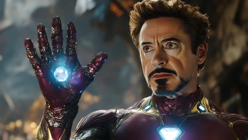 Armored hero raises glowing gauntlet in battle scene.