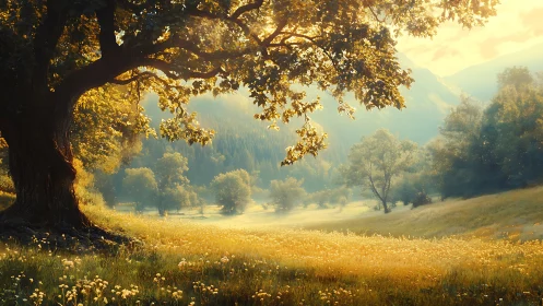 Golden meadow landscape under sprawling oak canopy