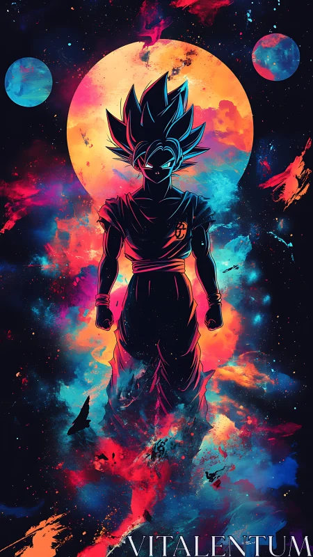 Celestial warrior silhouette stands before burning cosmic moon