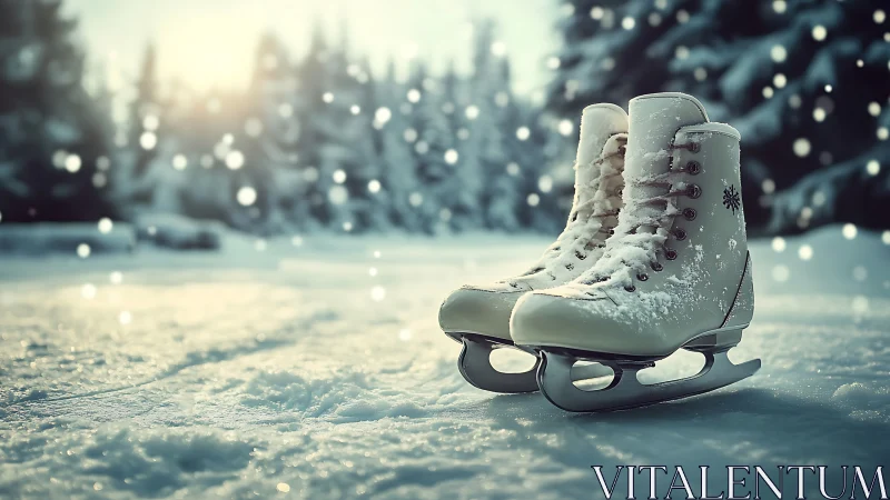 Winter skates wait quietly as snowflakes choreograph light