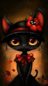 Black cat with amber eyes wears red bow and berry crown artwork