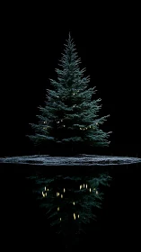 Snowy Christmas tree with reflection on dark water.