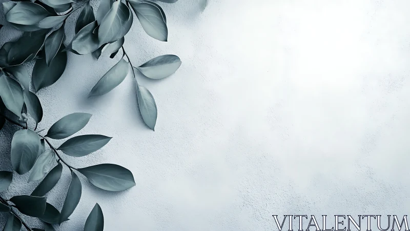 Cool toned foliage on textured plaster wall negative space