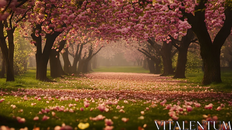 Cherry blossom trees forming a pink spring tunnel path.