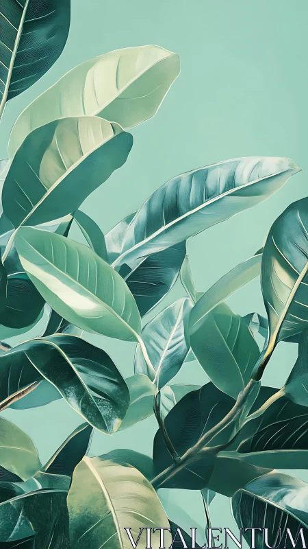 Verdant rubber plant leaves in minimalist teal ambiance.