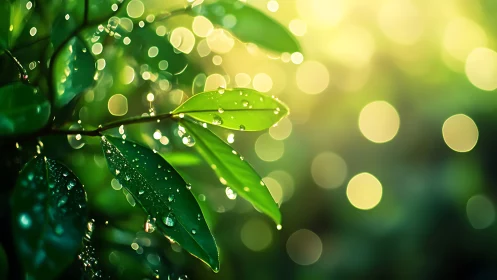 Dewlit green leaves against luminous bokeh backdrop.