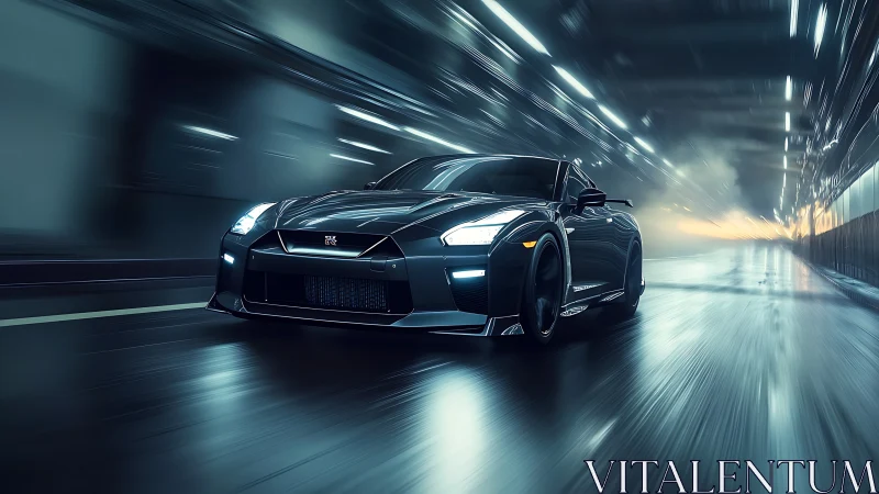 Sleek black supercar races through neon tunnel at speed.