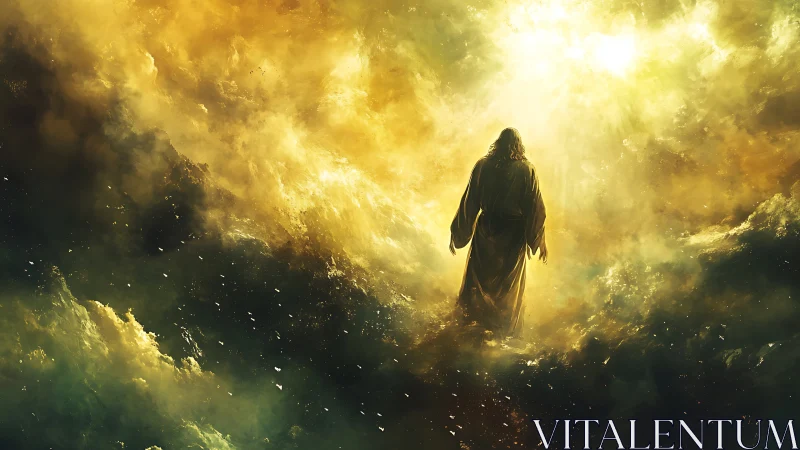 Radiant robed figure ascending through luminous golden clouds.