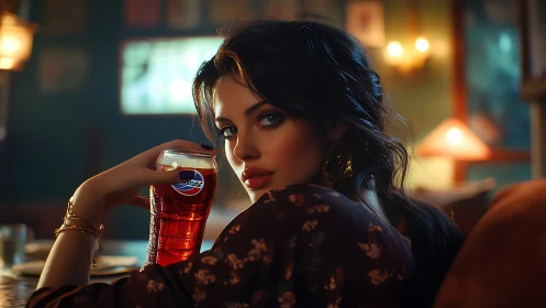 Cinematic bokeh portrait in bar interior with cola glass