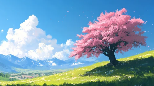 Solitary cherry blossom tree on alpine meadow under clear sky