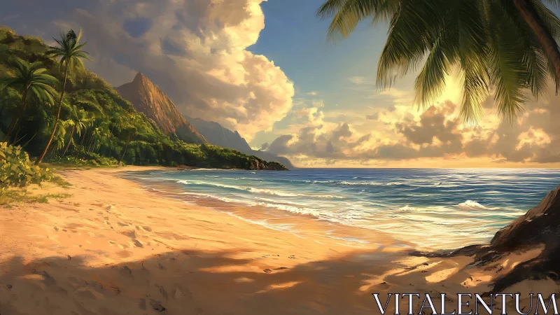 Tropical Coastal Composition with Volcanic Peaks, Palm Fronds, Golden Hour Illumination