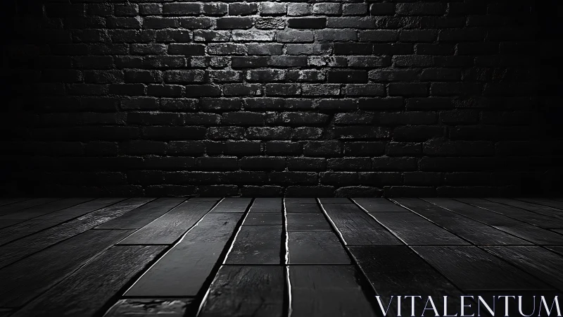 Moody black brick wall and reflective floor in low key lighting