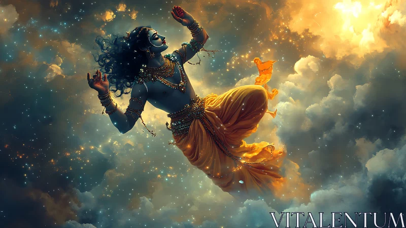 Digital painting of celestial deity in luminous cloudscape composition.