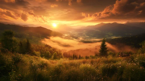 Radiant mountain sunrise over mist-filled forest valley.