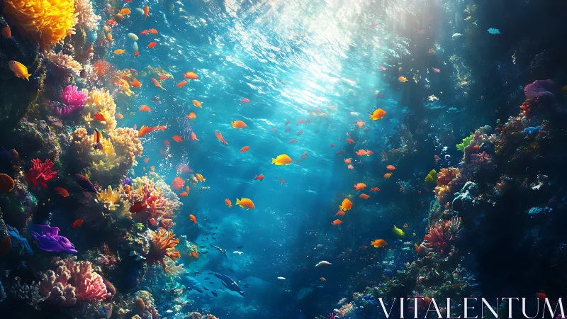 Underwater coral reef scene with tropical fish and light beams.